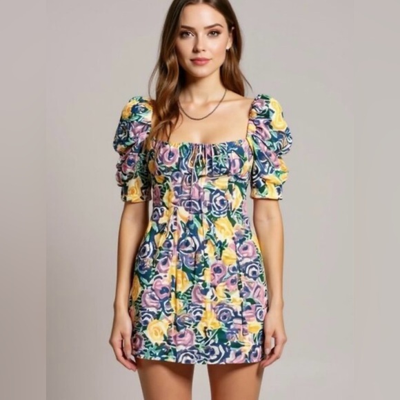Zara Corset Style Dress Purple Yellow Floral Puff Sleeve Mini Size Large L - Picture 1 of 15